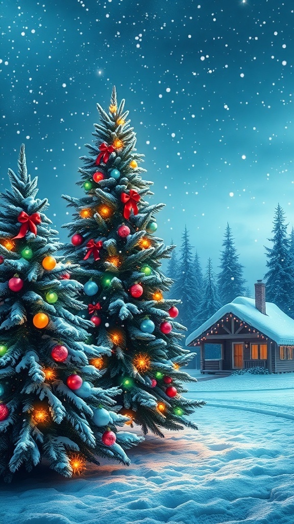 A cheerful Christmas gacha background with a tree, snowflakes, and a cabin.